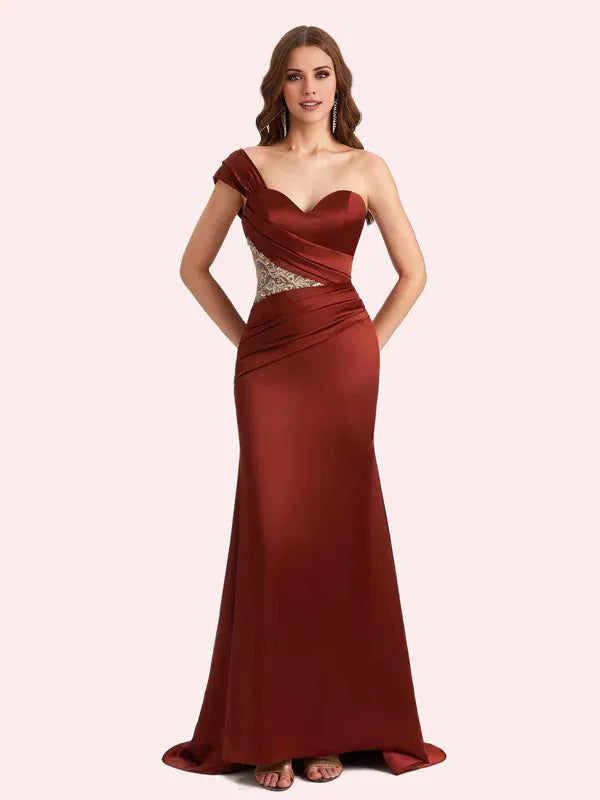 Vestido Weitese elegante de un hombro sin mangas estilo sirena suave satén maxi vestido de madrina para boda vestido de fiesta